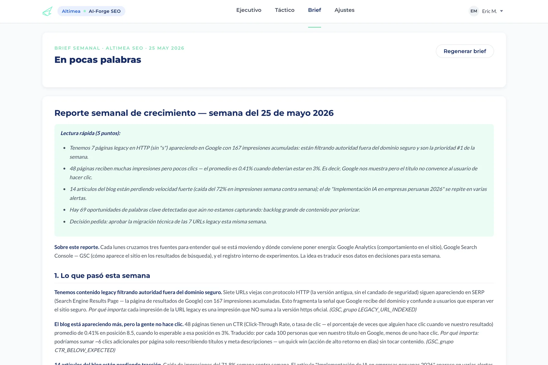 Brief semanal de AI-Forge SEO con el resumen ejecutivo y las acciones priorizadas de la semana.