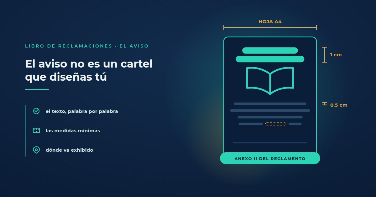 Un aviso del Libro de Reclamaciones del tamaño de una hoja A4, acotado con líneas de medida: el ancho de la hoja, un centímetro de alto en las letras del título y medio centímetro en las del texto. Dentro del aviso, un espacio punteado sin llenar.