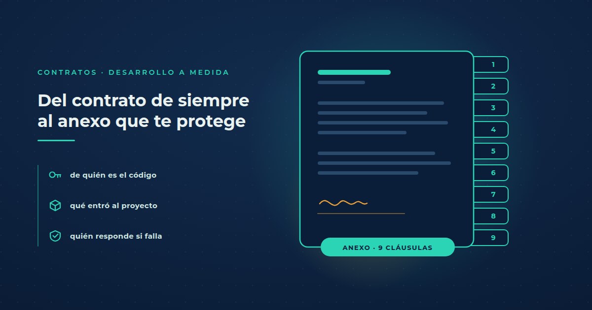 Un contrato firmado con su anexo de nueve cláusulas. Definen de quién es el código, qué entró al proyecto y quién responde si falla.