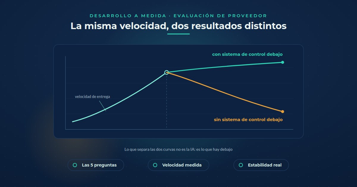 Una curva de velocidad de entrega que sube y, a mitad de camino, se bifurca en dos: una que se mantiene estable en verde y otra que se desploma en ámbar. La misma aceleración produce dos resultados según el sistema de control que haya debajo.