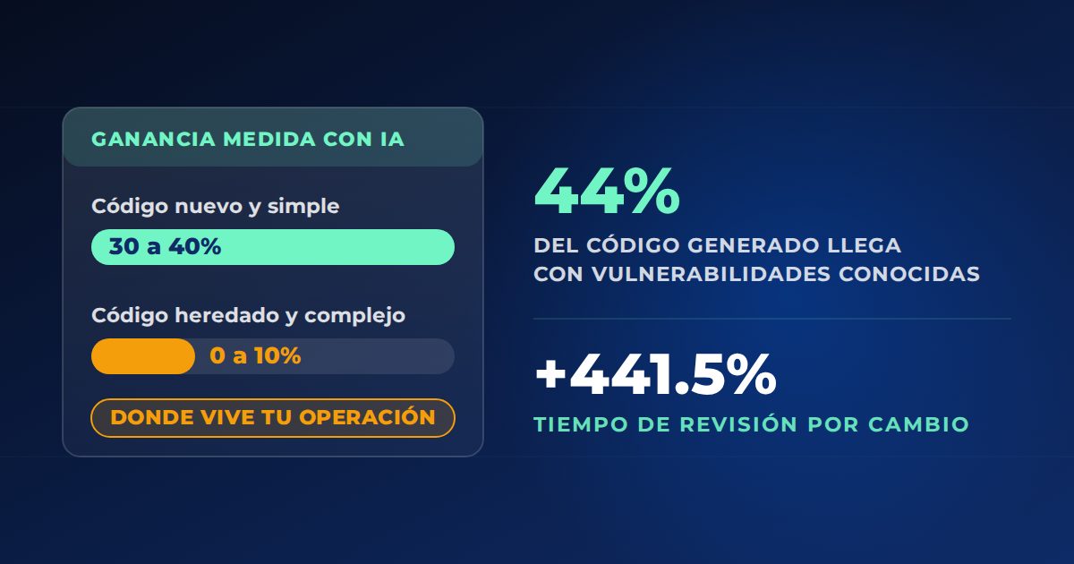 Dos barras comparan la ganancia medida al programar con inteligencia artificial: 30 a 40% en código nuevo y simple, 0 a 10% en código heredado y complejo, junto al 44% de código generado con vulnerabilidades y el 441.5% más de tiempo de revisión.