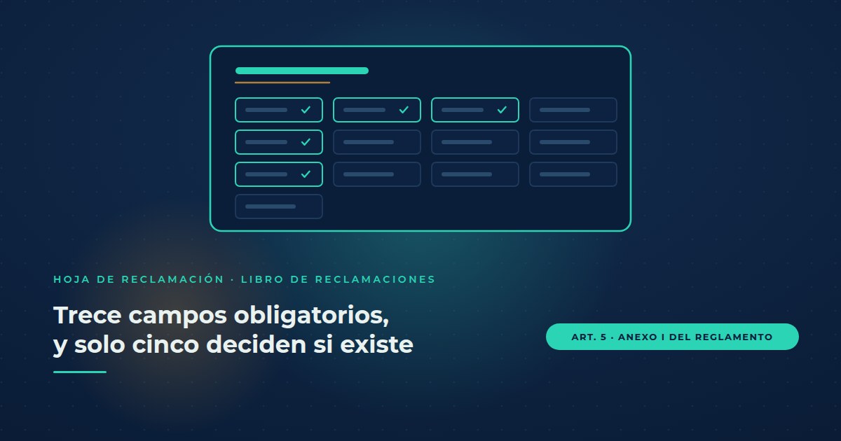 La Hoja de Reclamación vista como una rejilla de trece casillas, cinco de ellas marcadas en verde con un check: son los campos sin los cuales el reclamo se considera no presentado.