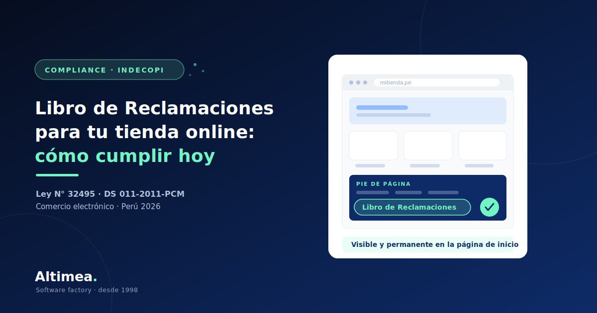 Pantalla de una tienda online que resalta el enlace al Libro de Reclamaciones en el pie de página, visible y permanente, conforme a la Ley 32495 en Perú