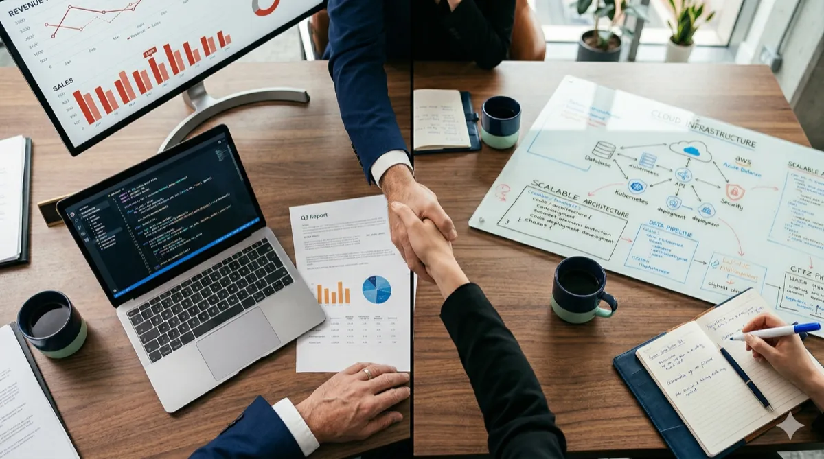 Ejecutivos cerrando acuerdo sobre mesa con laptop mostrando código, reportes financieros y diagramas de arquitectura cloud