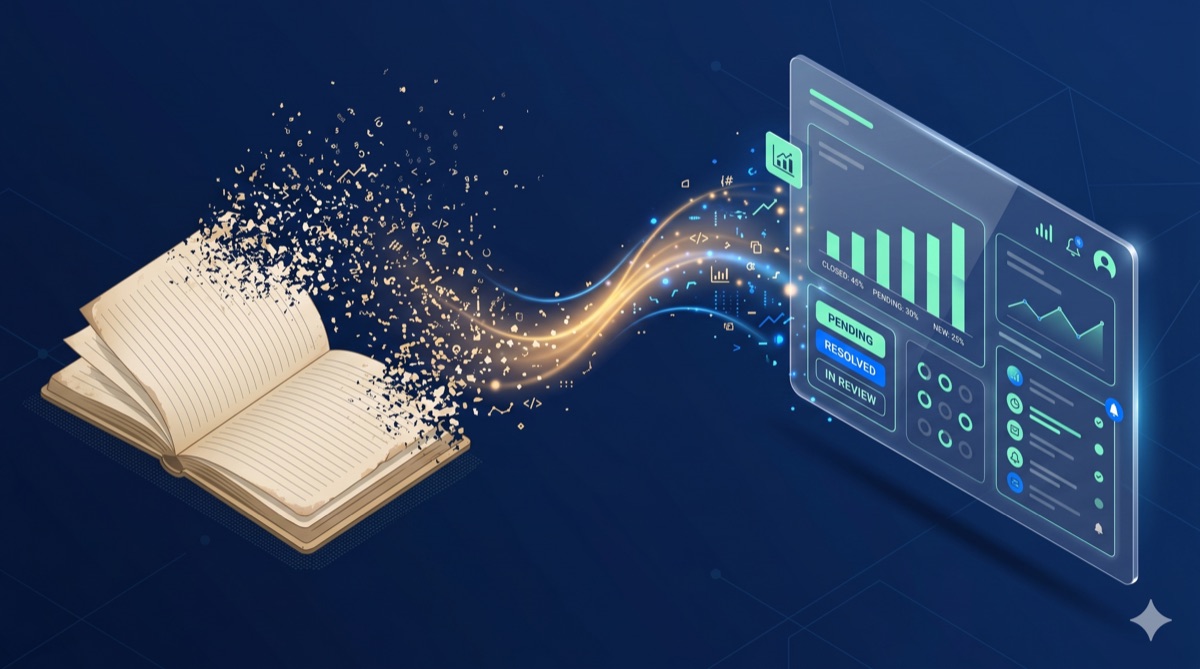 Empresaria revisando reclamos de clientes en una tableta digital sobre escritorio con documentos legales, representando la transición del libro de reclamaciones físico al digital