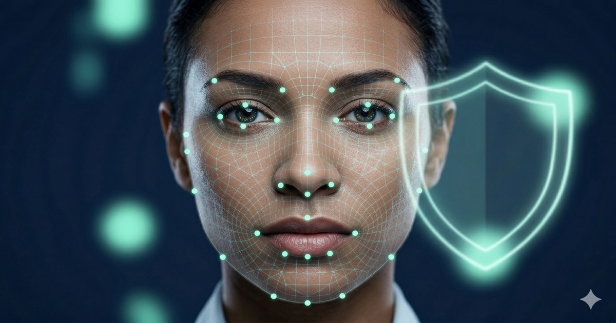 Rostro femenino con malla de reconocimiento facial biométrico y escudo de seguridad digital — tecnología de liveness detection