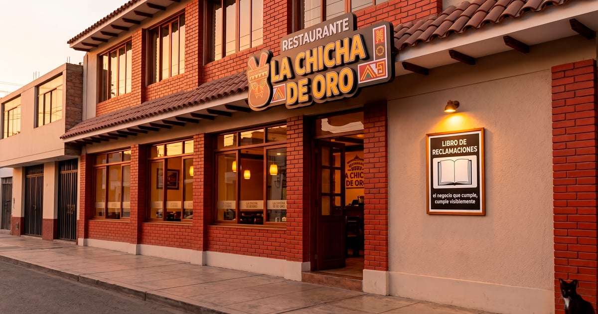 Fachada de un restaurante peruano con el aviso obligatorio del Libro de Reclamaciones visible junto a la entrada, cumpliendo el DS 011-2011-PCM exigido por Indecopi
